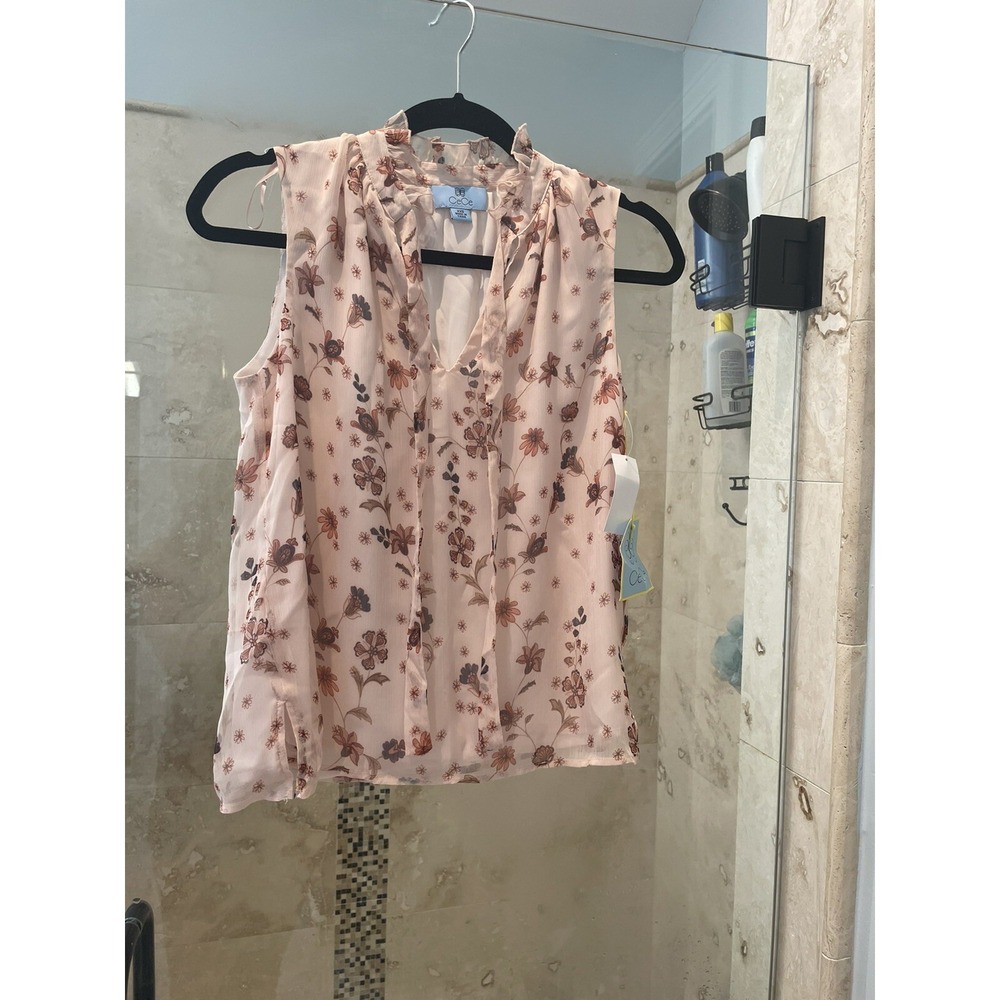 CeCe Women's Blouse Pink Rose Size XXS Floral-Print Neck-Tie Sleeveless $80
